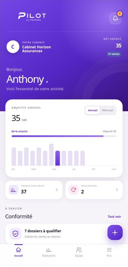 Accueil actuel de l'application mobile Pilot